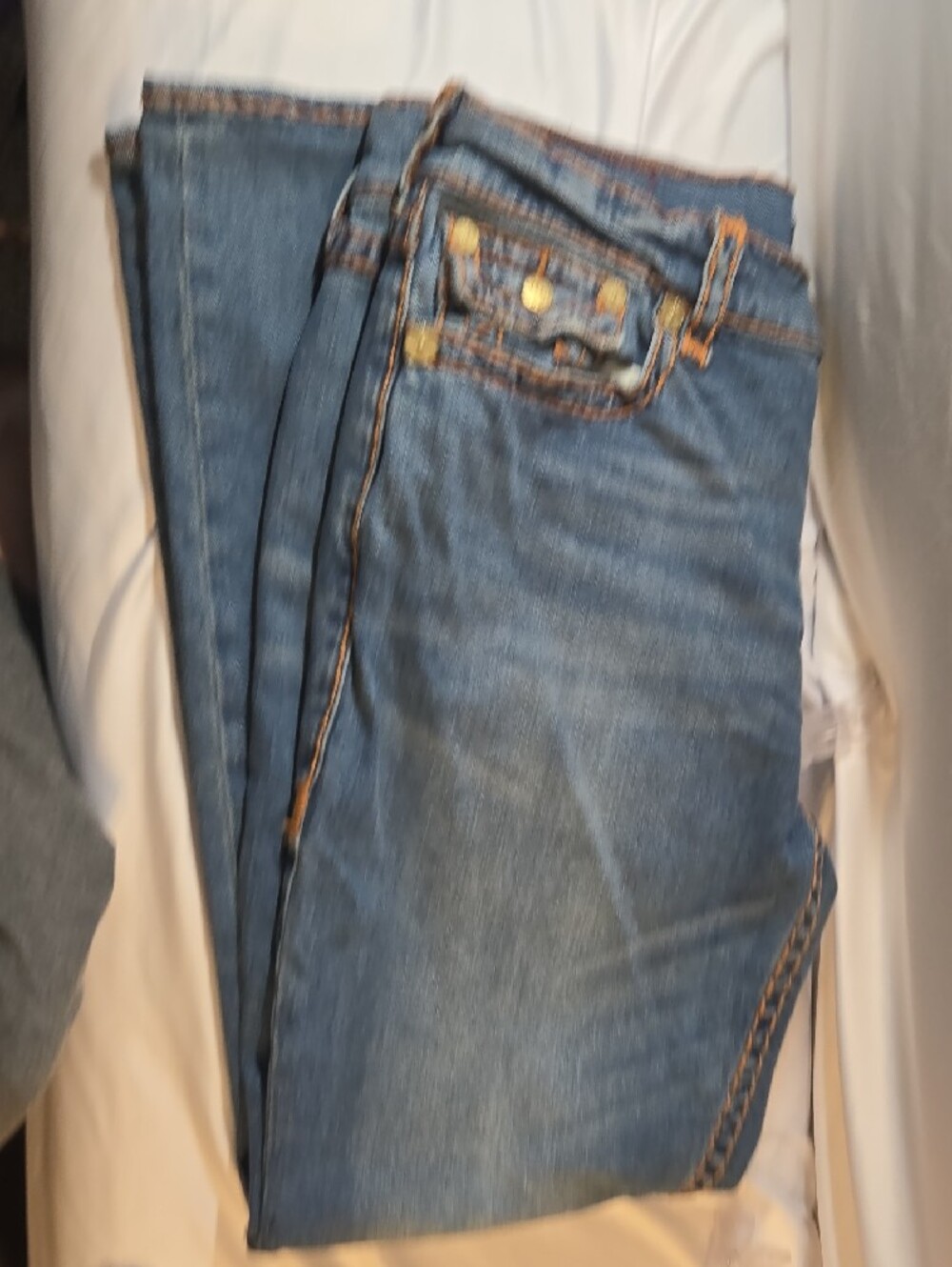 True Religion Blue Bootcut Jeans with Red Rose Embroidered Pocket - Picture 5 of 7